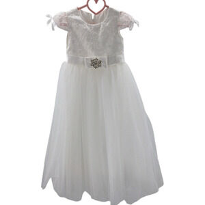 GIRL'S PARTY DRESS SZ 12 Y white lace embellished short sleeve flower maxi 0B2